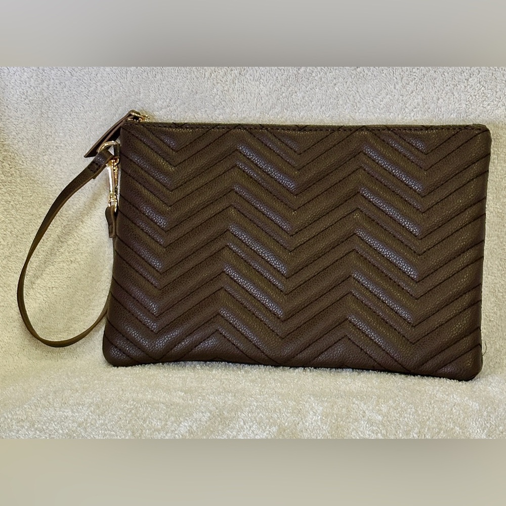 Anne Klein Quilted Wristlet, Chocolate Brown Faux Leather with Zipper.